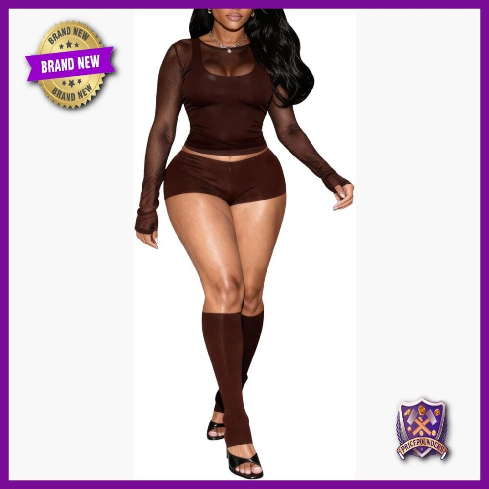 Sheer Mesh Long Sleeve Top with Tank and Bodycon Shorts Set